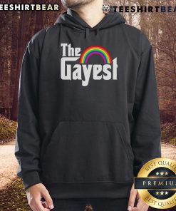 Colorful Top The Gayest Rainbow LGBT Hoodie displayed on a hanger, showcasing vibrant colors and inclusive design.