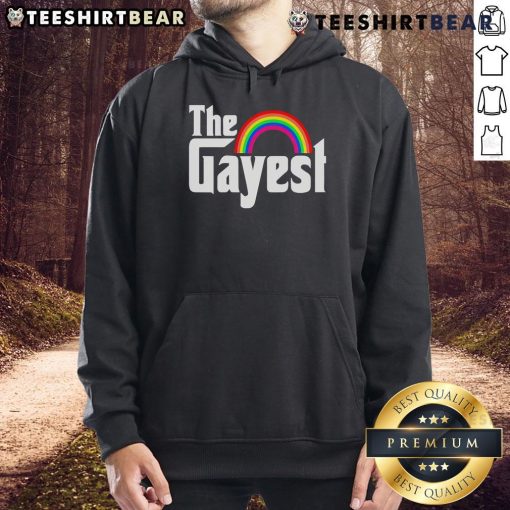 Colorful Top The Gayest Rainbow LGBT Hoodie displayed on a hanger, showcasing vibrant colors and inclusive design.