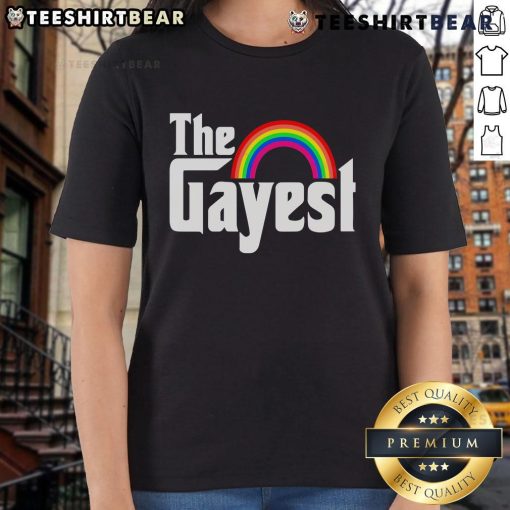 Top The Gayest Rainbow LGBT Ladies Tee featuring vibrant rainbow colors and a stylish design for pride and celebration.
