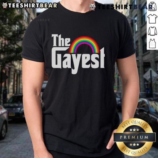 Top The Gayest Rainbow LGBT T-Shirt featuring vibrant colors and a bold design celebrating LGBTQ+ pride and identity.