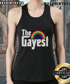 Colorful 'Top The Gayest Rainbow LGBT Tank Top' showcasing vibrant rainbow colors, perfect for Pride celebrations and LGBTQ+ events.