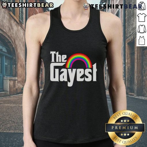 Colorful 'Top The Gayest Rainbow LGBT Tank Top' showcasing vibrant rainbow colors, perfect for Pride celebrations and LGBTQ+ events.