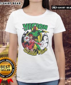 Top The Vision And The Scarlet Witch ladies tee featuring vibrant graphics of iconic Marvel characters.