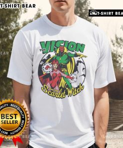 Top The Vision And The Scarlet Witch T-Shirt featuring vibrant graphics of Marvel's iconic superhero couple.