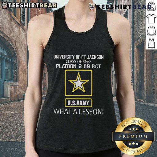Alt Text: Class of '67-'68, Platoon 2, D9 BCT, US Army graduates at Ft. Jackson wearing 'What a Lesson' tank tops.