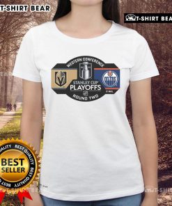 Alt Text: Top Vegas Golden Knights 2025 Stanley Cup Playoffs Round 2 Dueling Pin Ladies Tee showcasing team spirit and style.