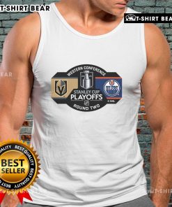 Top Vegas Golden Knights 2025 Stanley Cup Playoffs Round 2 Dueling Pin Tank Top featuring team colors and logo design.
