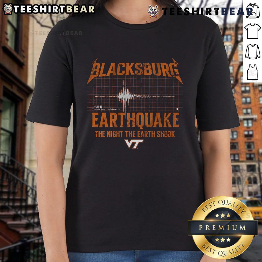 Top Virginia Tech Blacksburg Earthquake Ladies Tee Alt Text: Top Virginia Tech Blacksburg Earthquake ladies tee featuring stylish design and school spirit for fans.