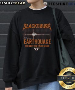 Alt Text: Virginia Tech Blacksburg Earthquake sweatshirt featuring bold graphics and vibrant colors, perfect for fans and alumni.