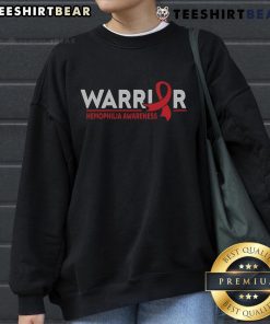 Top Warrior Hemophilia Awareness red ribbon sweatshirt showcasing support for hemophilia awareness and advocacy.