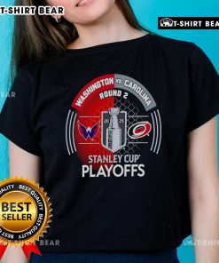 Top Washington Capitals vs Carolina Hurricanes 2025 Stanley Cup Playoffs First Round Ladies Tee showcasing team spirit.