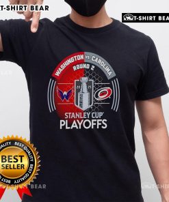Alt Text: 2025 Stanley Cup Playoffs T-Shirt featuring Washington Capitals vs Carolina Hurricanes design for first-round matchup.