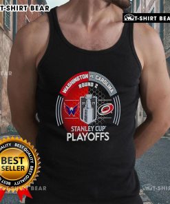 Top Washington Capitals vs Carolina Hurricanes 2025 Stanley Cup Playoffs first round tank top featuring team logos.