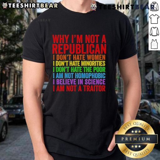 Top 'Why Im Not A Republican' T-Shirt featuring bold text, highlighting inclusivity and support for women and minorities.