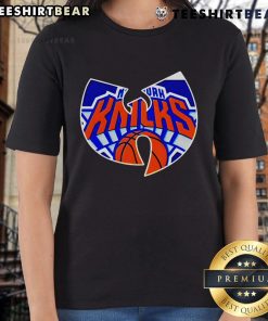 Alt Text: Top Wu-Tang New York Knicks basketball logo ladies tee featuring bold graphics and stylish design for fans.