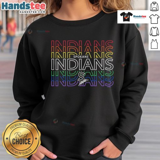 Alt Text: Official Spokane Indians Langford Pride Sweatshirt in vibrant colors, featuring team logo and stylish design.