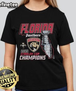 Official Florida Panthers 2025 NHL Stanley Cup Champions ladies tee featuring team logo and vibrant colors.