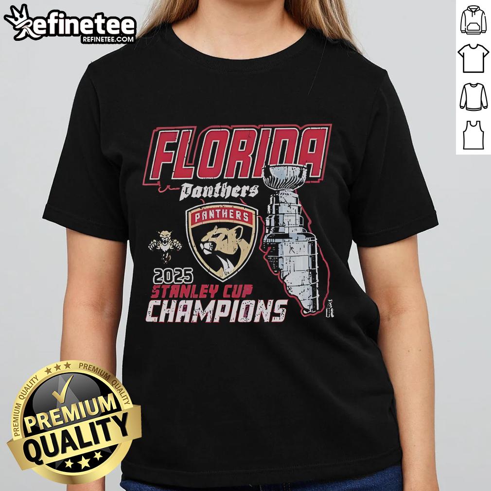 Official Florida Panthers 2025 Nhl Stanley Cup Champions State Ladies Tee Official Florida Panthers 2025 NHL Stanley Cup Champions ladies tee featuring team logo and vibrant colors.