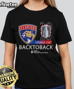 Official Florida Panthers National Hockey Back-To-Back Champions 2025 Ladies Tee featuring team logo and stylish design.
