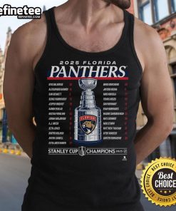 Official Florida Panthers 2025 Stanley Cup Champions Give & Go roster tank top featuring team logo and championship design.