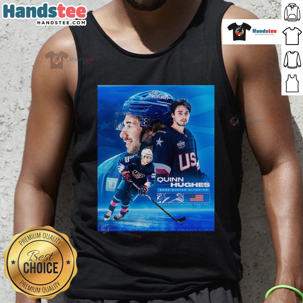 Official Quinn Hughes Usa Hockey Winter Olympics 2026 Poster Tank Top Alt Text: Official Quinn Hughes USA Hockey Winter Olympics 2026 poster tank top featuring vibrant team colors and graphics.