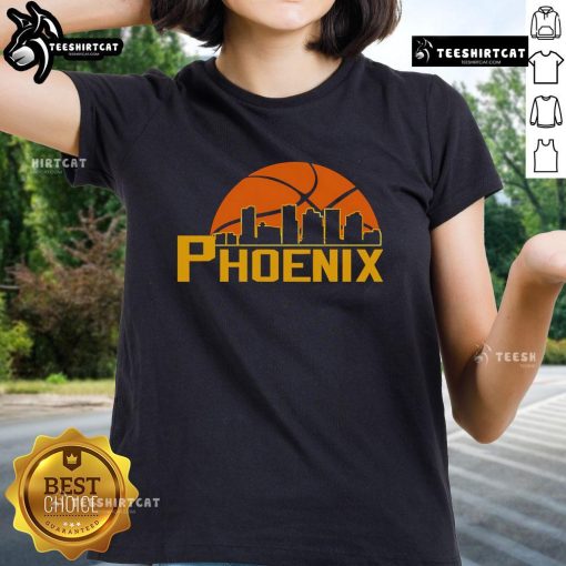 Alt Text: Premium Phoenix Suns cityscape skyline style 2025 ladies tee showcasing vibrant team colors and stylish design.