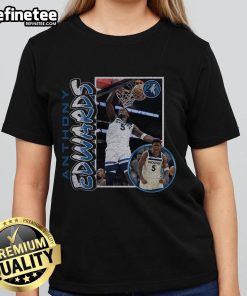 Hot Anthony Edwards in a navy Minnesota Timberwolves 90s player ladies tee, showcasing stylish basketball fan apparel.