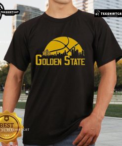 Alt Text: Premium Golden State cityscape skyline T-shirt showcasing a stylish design featuring iconic landmarks and vibrant colors.