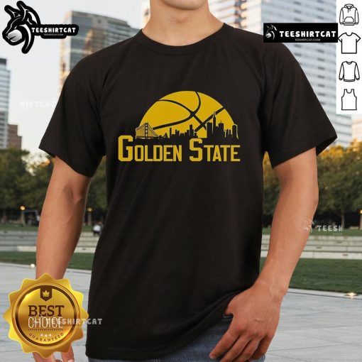 Alt Text: Premium Golden State cityscape skyline T-shirt showcasing a stylish design featuring iconic landmarks and vibrant colors.
