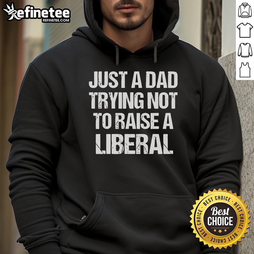 Official Just A Dad Trying Not To Raise A Liberal Premium Hoodie Official Just A Dad Trying Not To Raise A Liberal Premium Hoodie in black, featuring a bold, humorous slogan for dads.