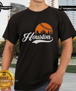 Premium Houston City Baseball Skyline T-Shirt featuring a vibrant city skyline design and baseball graphics, perfect for fans.