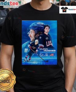 Official Quinn Hughes USA Hockey Winter Olympics 2026 poster t-shirt featuring vibrant graphics and team colors.