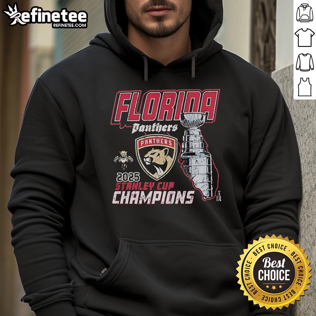 Official Florida Panthers 2025 Nhl Stanley Cup Champions State Hoodie Official Florida Panthers 2025 NHL Stanley Cup Champions hoodie featuring team logo and championship design.