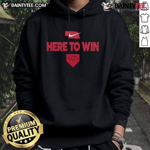 Awesome 2025 Here to Win Arkansas Baseball Hoodie featuring bold graphics and a sporty design for baseball fans.