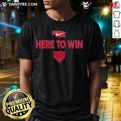 Awesome 2025 Here To Win Arkansas Baseball T-Shirt featuring vibrant colors and a bold design for fans and players.