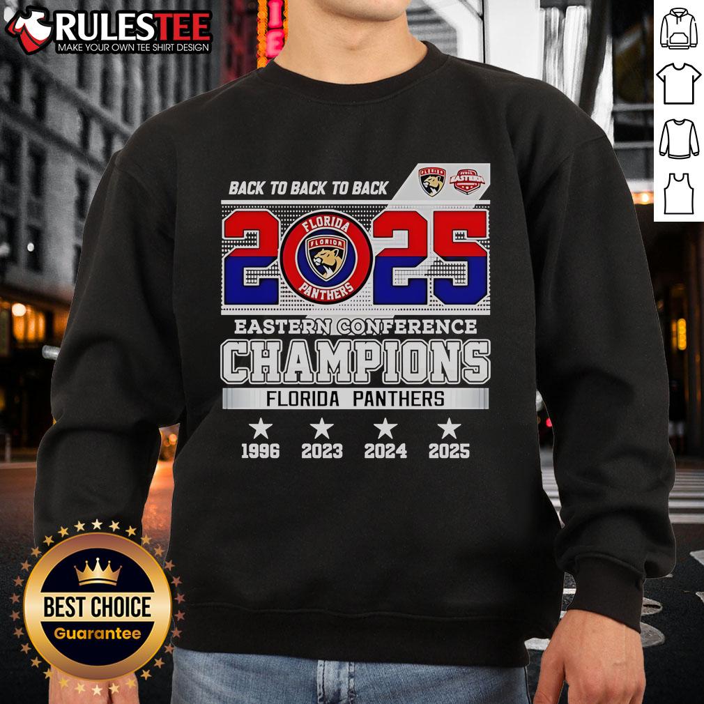 Awesome Back To Back To Back 2025 Eastern Conference Champions Florida Panthers Hockey Logo Sweatshirt Florida Panthers 2025 Eastern Conference Champions sweatshirt featuring the team logo, perfect for hockey fans.
