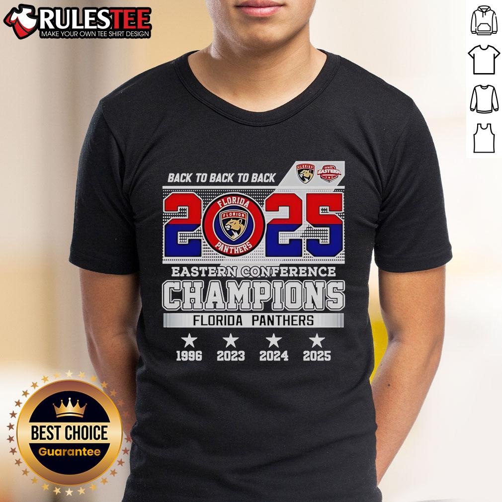 Awesome Back To Back To Back 2025 Eastern Conference Champions Florida Panthers Hockey Logo T-Shirt Florida Panthers Hockey logo T-shirt celebrating 2025 Eastern Conference Champions with bold design and vibrant colors.