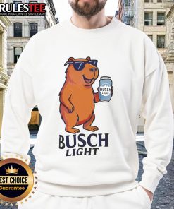 Awesome capybara sweatshirt featuring a Busch Light design, perfect for casual wear and animal lovers.