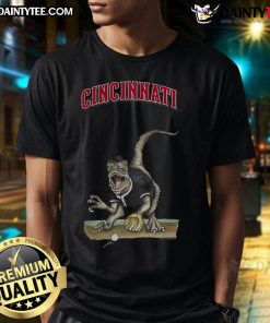 Awesome Cincinnati Reds Tiny Turnip Velociraptor T-Shirt featuring a playful dinosaur design, perfect for young fans.