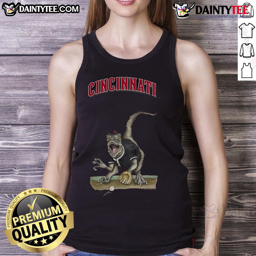 Awesome Cincinnati Reds Tiny Turnip Velociraptor Tank Top Alt Text: Awesome Cincinnati Reds Tiny Turnip Velociraptor tank top featuring a fun dinosaur design for baseball fans.