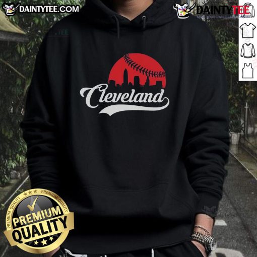 Awesome Cleveland cityscape skyline hoodie featuring a baseball design, perfect for Cleveland sports fans.