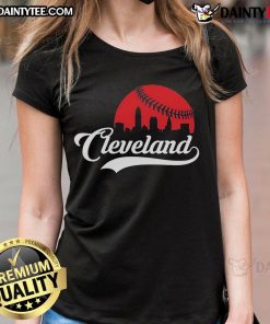 Awesome Cleveland cityscape skyline on a baseball ladies tee, showcasing vibrant urban design and sporty style.