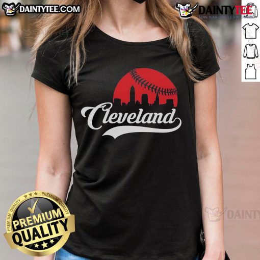 Awesome Cleveland cityscape skyline on a baseball ladies tee, showcasing vibrant urban design and sporty style.