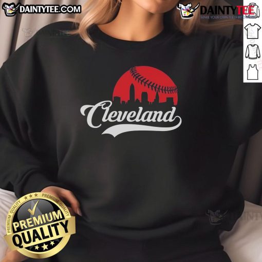 Awesome Cleveland cityscape skyline sweatshirt featuring a baseball theme, perfect for fans and city lovers.