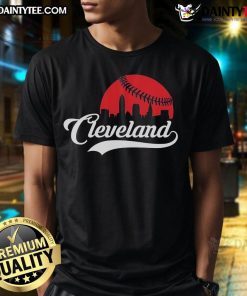Alt Text: Awesome Cleveland Cityscape Skyline Baseball T-Shirt featuring a vibrant skyline design, perfect for Cleveland fans.