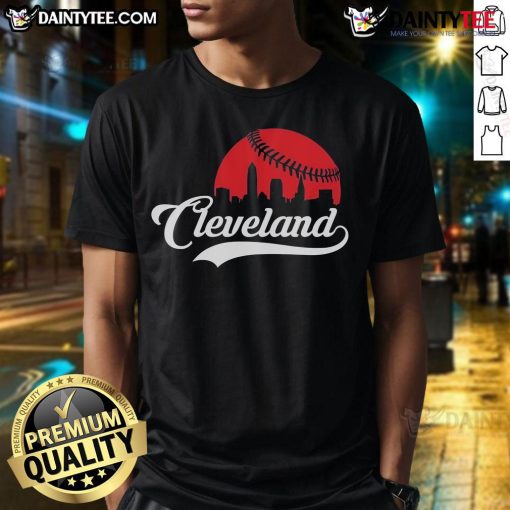 Alt Text: Awesome Cleveland Cityscape Skyline Baseball T-Shirt featuring a vibrant skyline design, perfect for Cleveland fans.