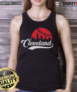 Alt Text: Cleveland cityscape skyline with baseball tank top design, showcasing awesome urban vibes and sports culture.
