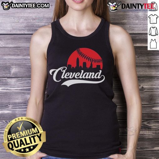 Alt Text: Cleveland cityscape skyline with baseball tank top design, showcasing awesome urban vibes and sports culture.