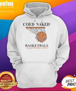 Alt Text: Awesome coed naked basketball game featuring players in hoodies shooting around the rim and scoring.