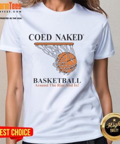 Coed Naked Basketball: Women shooting around the rim in a vibrant tee, showcasing athleticism and fun in a playful setting.